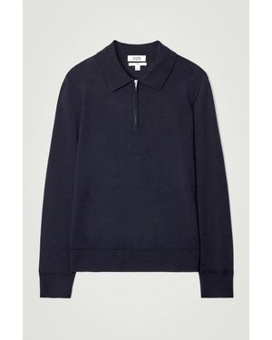 COS Merino Wool Zip-Up Polo Shirt - Blue