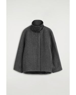 COS Oversized Leather-Collar Wool-Herringbone Jacket - Black