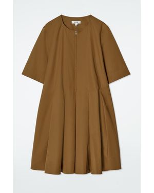 COS Pleated Zip-Up Cotton Mini Dress - Brown