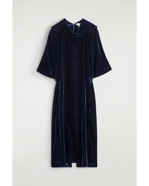 COS Draped-Neck Velvet Midi Dress - Blue