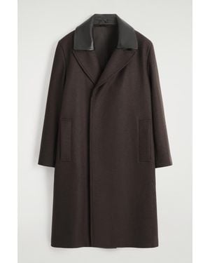 COS Leather-Collar Wool Long Coat - Black