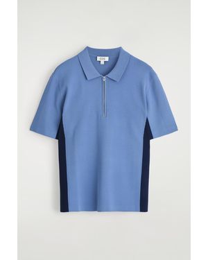 COS Mesh-Panel Zip-Up Polo Shirt - Blue