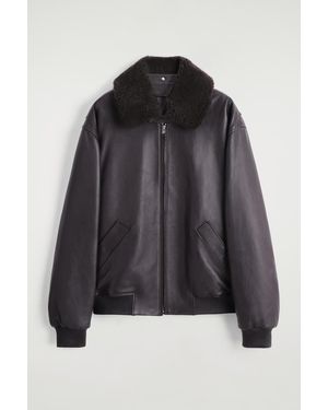 COS Detachable Shearling-Collar Leather Jacket - Black