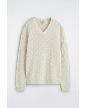 COS Cable-Knit Cotton-Silk V-Neck Sweater - White