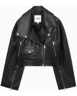 COS Oversized Cropped Leather Biker Jacket - Black