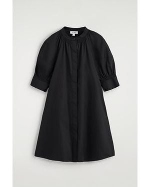 COS Smocked Puff-Sleeve Shirt Dress - Black