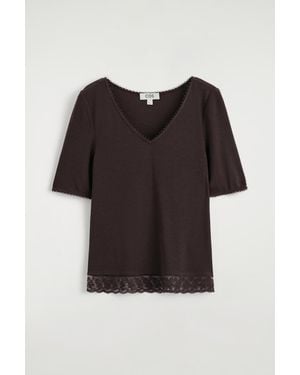 COS Lace-Trimmed Ribbed V-Neck T-Shirt - Black