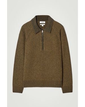 COS Collared Merino Wool-Yak Blend Half-Zip Sweater - Green