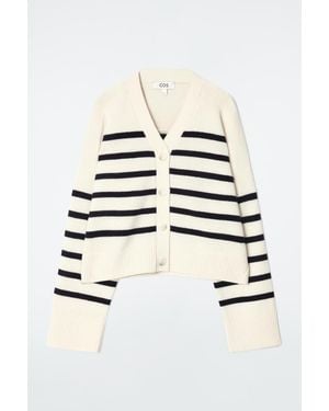 COS Striped Merino Wool V-Neck Cardigan - White