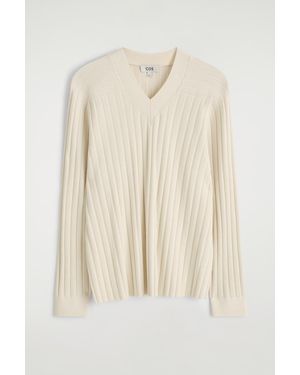 COS Ribbed-Knit V-Neck Jumper - Natural