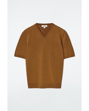 COS Knitted Cotton V-Neck T-Shirt - Brown