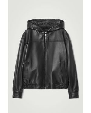 COS Hooded Leather Bomber Jacket - Black