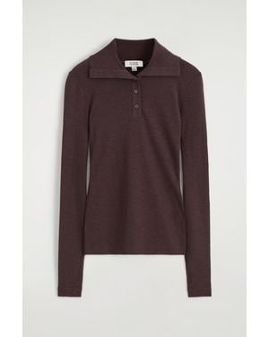 COS Merino Wool Buttoned Mock-Neck Top - Brown