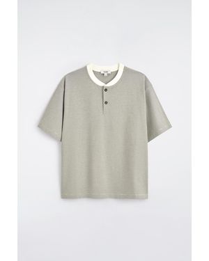 COS Striped Cotton Henley T-Shirt - Grey