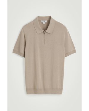 COS Slim Knitted Silk Zip-Up Polo Shirt - Natural