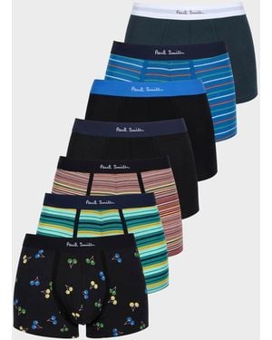 Paul Smith 7-Pack Striped/Plain/Patterned Trunks With Signature Logo Waistband - Blue