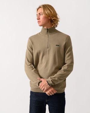 BOSS Ever-X Cotton Jumper With Quarter Zip - Natural