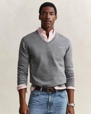 GANT Classic Cotton Shield Logo V-Neck Jumper - Grey