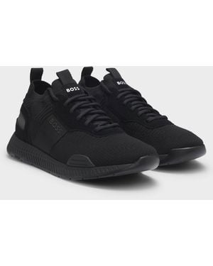 BOSS Titanium_Runn Structured-Knit Sock Trainers With Branding - Black