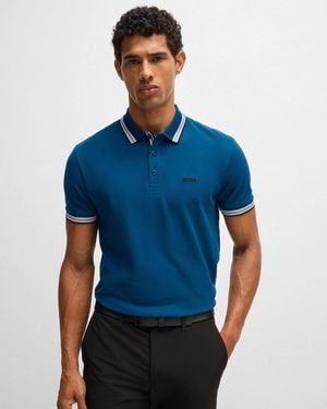 BOSS Paddy Cotton-Piqué Polo Shirt With Contrast Logo - Blue