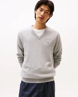 Tommy Hilfiger Pima Organic Cotton Cashmere V-Neck Jumper - Grey