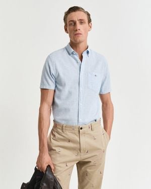 GANT Regular Fit Cotton Linen Short Sleeve Shirt With Embroidered Shield - Blue