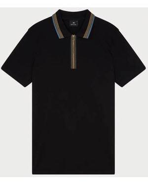 Paul Smith Ps Regular Fit Zip Polo With Stripe Tipping - Black