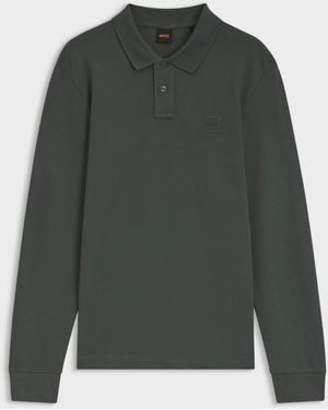BOSS Passerby Long Sleeve Stretch-Cotton Polo Shirt With Logo Patch - Grey