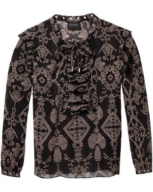 Maison Scotch Sheer Printed Lace Up Eyelet Details Top - Black