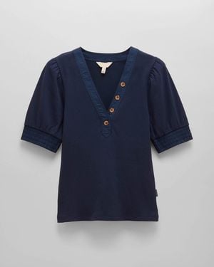 Joules Tabitha Ribbed V-Neck Top With Puff Sleeves - Blue
