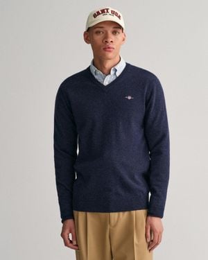 GANT Superfine Lambswool V-Neck Sweater Size: M - Blue