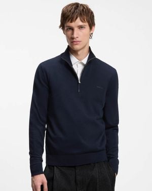 HUGO San Quintus-C2 1/4 Zip Funnel Neck Jumper - Blue
