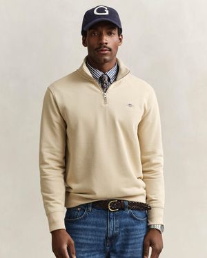 GANT Regular Fit Shield Logo Half Zip Sweatshirt - Natural