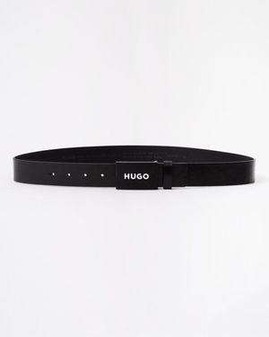 HUGO Gilao Matte Leather Belt With Branded Plaque Buckle - Black