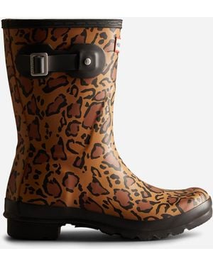 HUNTER Original Short Leopard Print Rubber Rich Tan/Saddle/ Wellington Boots - Brown