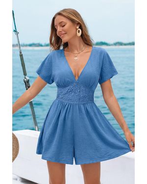 CUPSHE Combishort Bleue Col Plongeant Manches Courtes