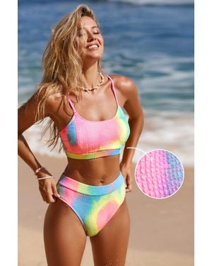 CUPSHE Tie-Dye Wash Textuur Top Met Ronde Hals En Hoge Taille Bikiniset - Blauw