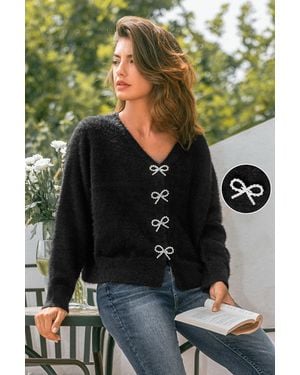 CUPSHE Schwarze V-Ausschnitt Lange Ärmel Strickjacke