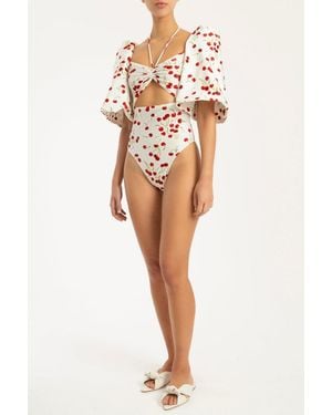 Adriana Degreas Cherry Bomb Puff-Sleeved High-Leg Swimsuit (Final Sale) - White