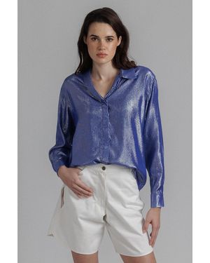 SHANTALL Lame Silk Button Up Shirt - Blue