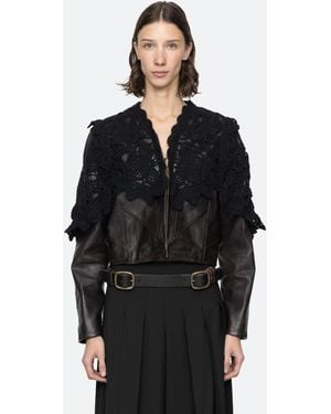Sea Gwen Leather Jacket Crochet Overlay - Black