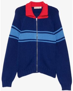 Marni Striped Zip-Up Cotton Sweater - Blue