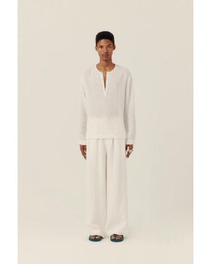 Commas Sheer Stripe Linen Woven Henley - Natural