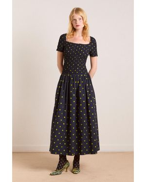 Damson Madder Malinda Super Smocked Midi Dress - Black