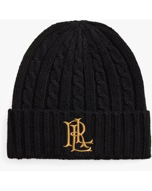 Ralph Lauren Embroidered Logo Cable Knit Beanie Hat - Black
