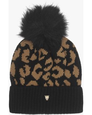 Moda In Pelle Cleo Leopard Print Bobble Hat - Black