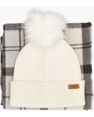 Barbour Dover Monochrome Tartan Beanie & Hailes Scarf Gift Set - Natural