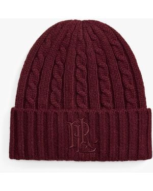 Ralph Lauren Embroidered Logo Cable Knit Burgundy Beanie Hat