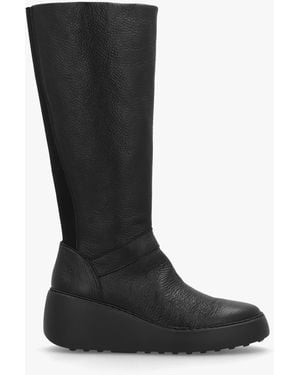 Fly London Dova Black Full Grain Leather Wedge Knee Boots