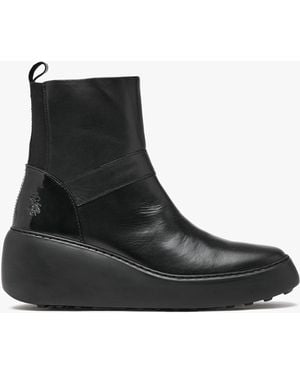 Fly London Doxe Black Leather Wedge Boots